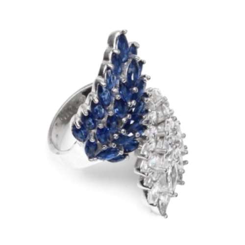 63,81 cts Deluxe Blue and White Cubic Zirconia in Solid 925 Silver 14K White Gold Ring Size 7 / O