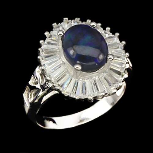 Natural Full Flash Black Fire Opal and White CZ Baguettes in Solid .925 Sterling Silver Ring Sz 8/Q