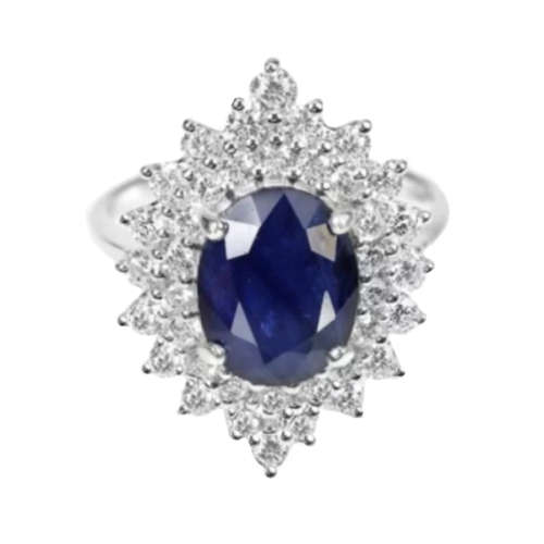 Deluxe Natural Blue Sapphire & White Cubic Zirconia in Solid 925 Silver 14K W/Gold Ring Size 7 / O