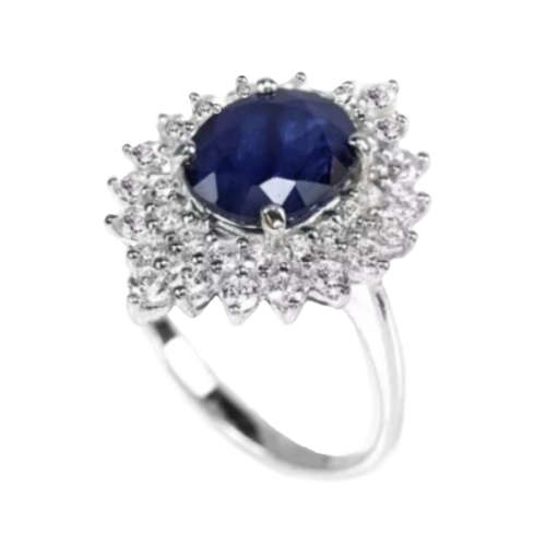 Deluxe Natural Blue Sapphire & White Cubic Zirconia in Solid 925 Silver 14K W/Gold Ring Size 7 / O
