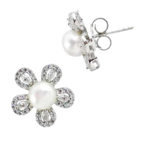 7.54 cts Natural White Pearl, White Topaz  set in Solid .925 Sterling Silver Earrings