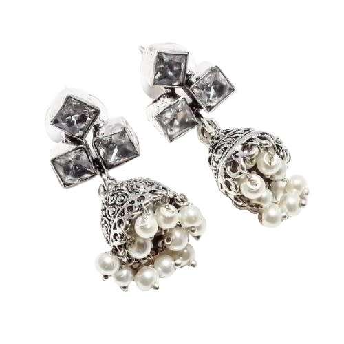Jhumki White Pearl, White Topaz set in .925  Sterling Silver Plated Stud Earrings