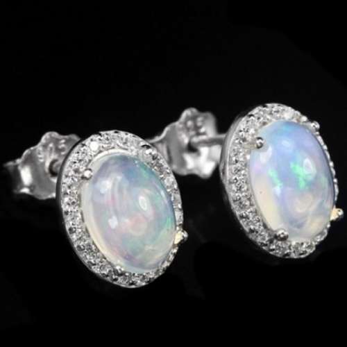 Captivating Natural Unheated Rainbow White Fire Opal Solid .925 Silver Earrings