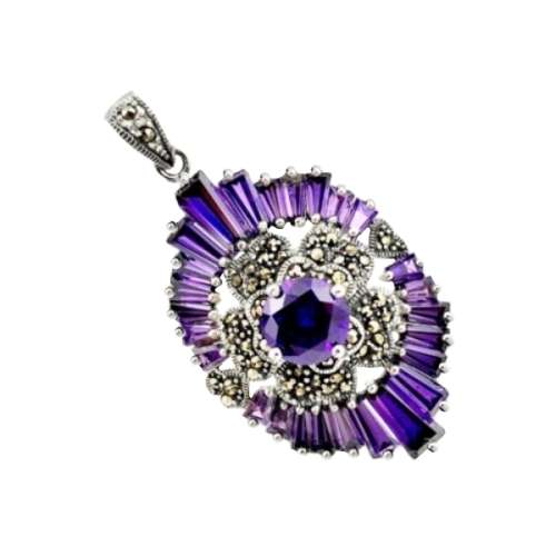 Outstanding Sparkle 12.05 cts Purple Amethyst Gemstone Marcasite .925 Silver Pendant