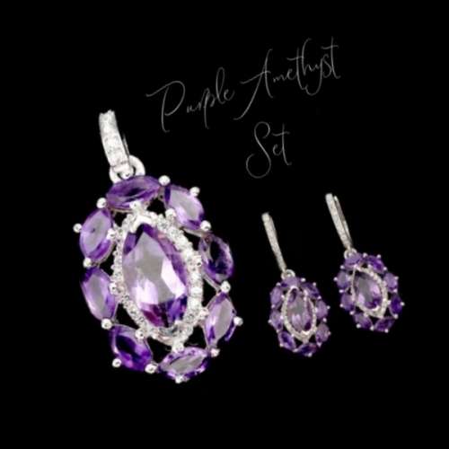 Natural Unheated Purple Amethyst & White Cubic Gemstone Solid .925 Sterling Silver Set