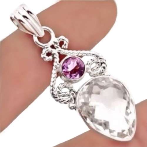 13.84 cts Natural Purple Amethyst and White Topaz set in Solid .925 Sterling Silver Pendant