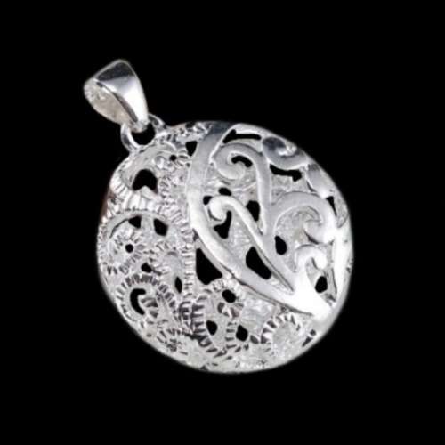 Hollow 3 D Floral Love Sphere with Flat Back in .925 Sterling Silver Plated Dainty Pendant