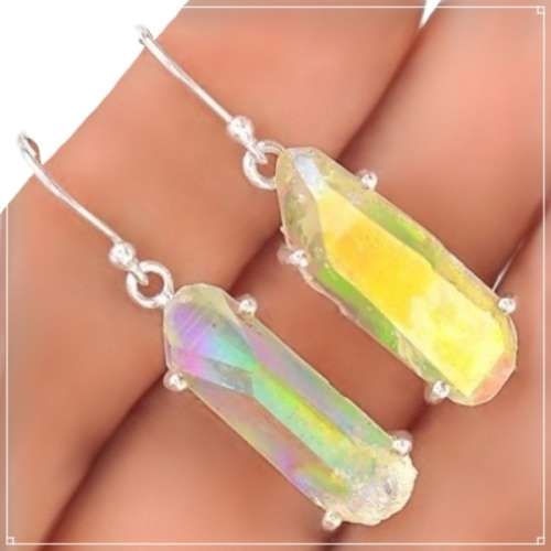 Iridescent Hues Natural Angel Aura Quartz Gemstone set in Solid .925 Sterling Silver Earrings