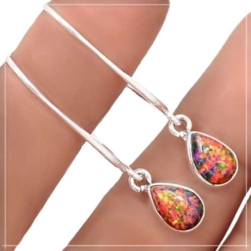2.6 Grams Fire Opal Gemstone in Solid .925 Sterling Silver Long Hooks Earrings