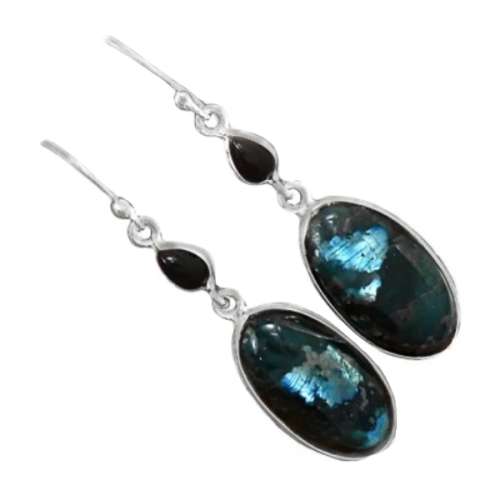 Natural Norwegian Larvikite -Black Moonstone, Black Onyx in Solid .925 Sterling Silver Earrings