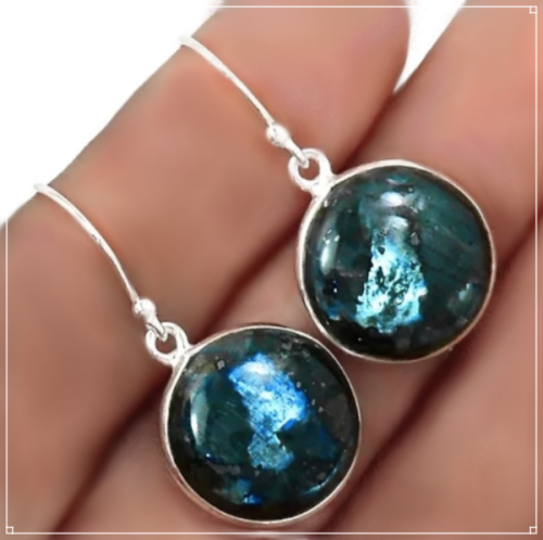 Natural Larvikite -Black Moonstone Cabochon Gemstone set in Solid .925 Sterling Silver Earrings