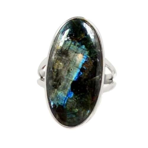 NIGHT SKY NATURAL LARVIKITE -BLACK MOONSTONE GEMSTONE SOLID .925 SILVER RING Size 8 /Q