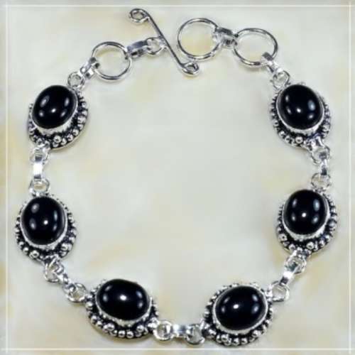 Black Onyx Oval Gemstones set in .925 Sterling Silver Plated Antique Style Handmade Bracelet