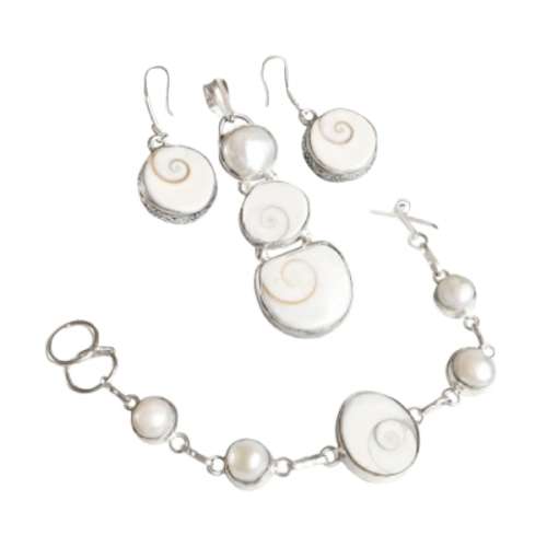 INCREDIBLE NATURAL SHEA SHIVA SHELL, PEARL . 925 SILVER PENDANT, EARRINGS AND BRACELET