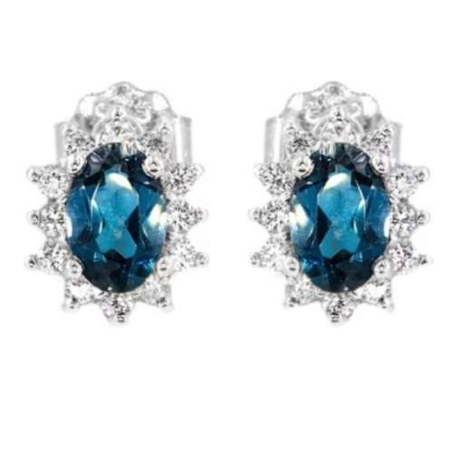 7.2 cts Natural London Blue Topaz CZ in Solid .925 Sterling Silver 14K White Gold  Stud Earrings