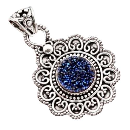 Natural Titanium Druzy Gemstone Solid .925 Silver Pendant