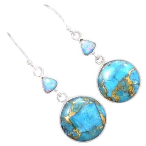 INCREDIBLE NATURAL COPPER TURQUOISE, FIRE OPAL GEMSTONE .925 STERLING SILVER EARRINGS