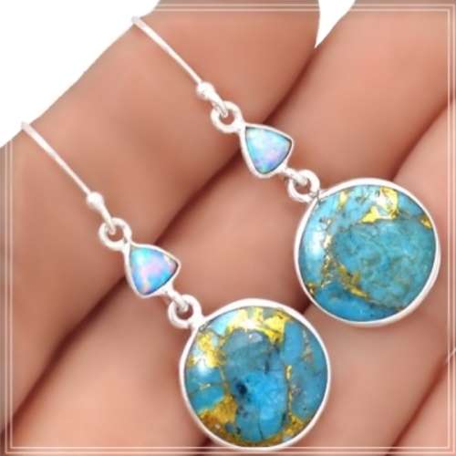 INCREDIBLE NATURAL COPPER TURQUOISE, FIRE OPAL GEMSTONE .925 STERLING SILVER EARRINGS