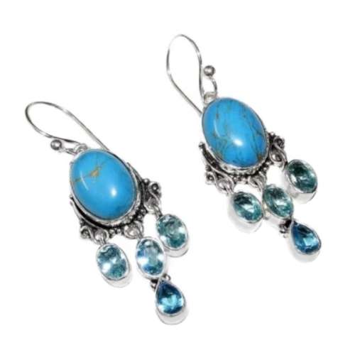 Copper Turquoise, Blue Topaz Gemstone . 925 Silver Earrings