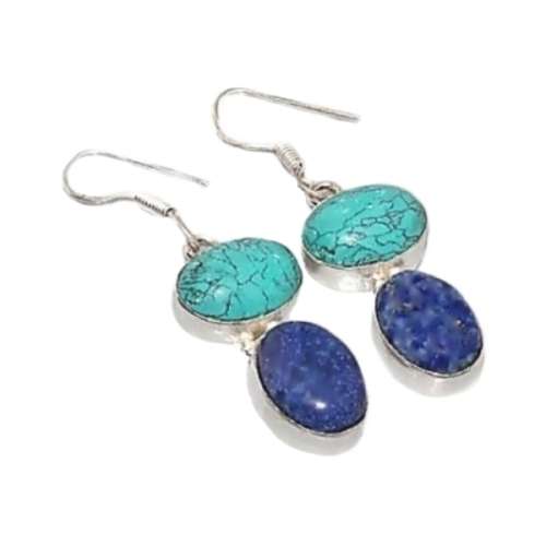 STUNNING COMBINATION OF COLOUR TURQUOISE,LAPIS LAZULI  GEMSTONE .925 STERLING SILVER EARRINGS