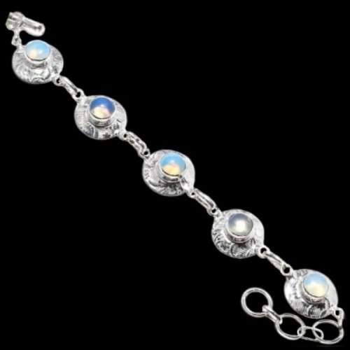 Dainty Fiery Opalite Round Gems set in .925 Sterling Silver Plated Textured Metal Bracelet