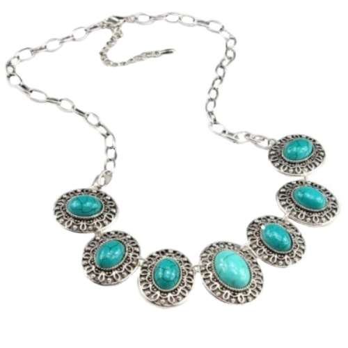 ANTIQUE STYLE SPIDERWEB TURQUOISE GEMSTONE OVAL SHAPE NECKLACE