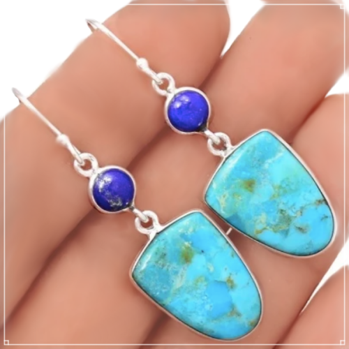 Natural Turquoise, Lapis Lazuli  Gemstone set in Solid .925 Sterling Silver Earrings