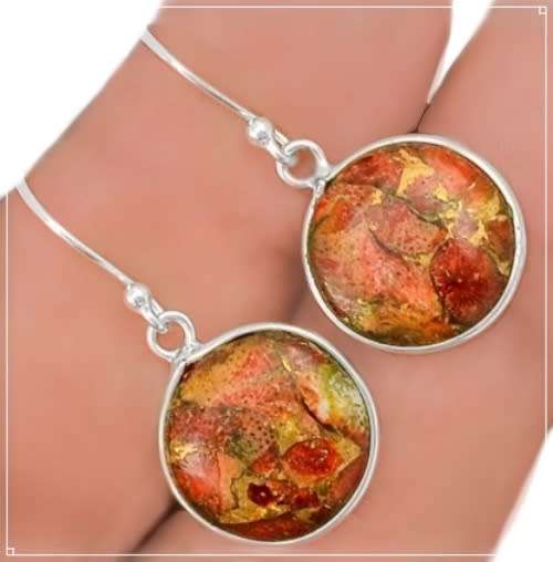 Natural Red Copper Turquoise  Round Gemstone set in Solid .925 Sterling Silver Earrings