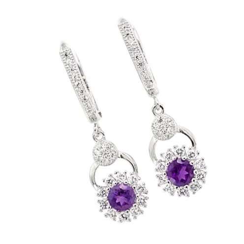 Deluxe Natural 5mm Brazilian Purple Amethyst .925 Sterling Silver 14K White Gold Earrings