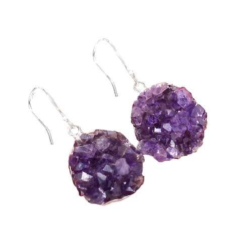 NATURAL PURPLE AMETHYST DRUZY GEMSTONE 925 SILVER EARRINGS