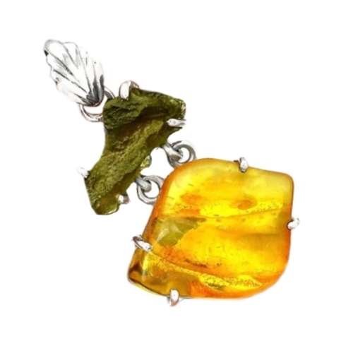 STUNNING PIECE GENUINE BALTIC AMBER, CZECH MOLDAVITE IN SOLID .925 SILVER PENDANT