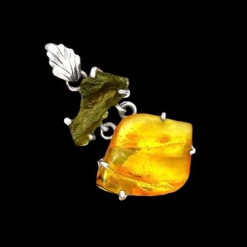 STUNNING PIECE GENUINE BALTIC AMBER, CZECH MOLDAVITE IN SOLID .925 SILVER PENDANT