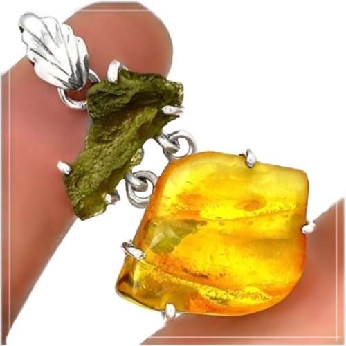 STUNNING PIECE GENUINE BALTIC AMBER, CZECH MOLDAVITE IN SOLID .925 SILVER PENDANT