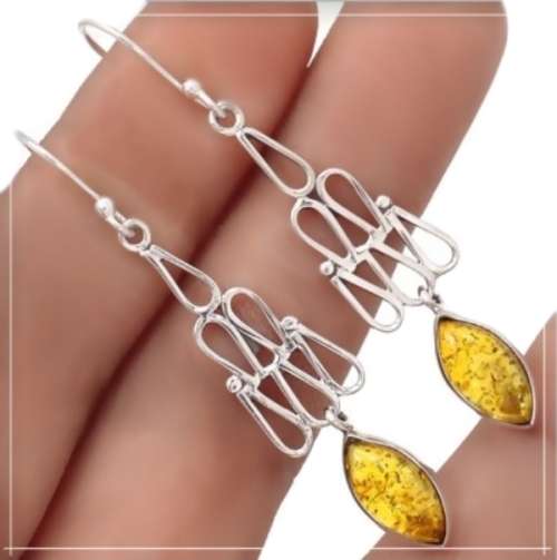 Natural Baltic Amber set In Solid .925 Sterling Silver Drop Dangle Earrings