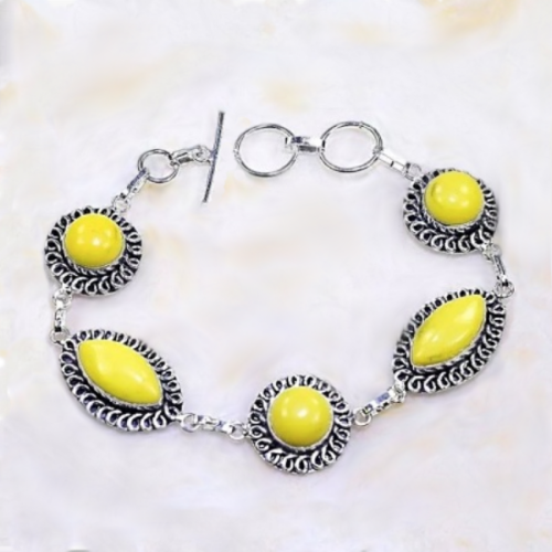 Yellow Agate Mixed Shape Gemstones set in .925  Sterling Silver Plated Handmade Bracelet