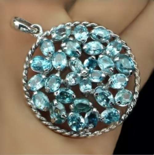 Deluxe Cambodian Seafoam Blue Zircon set in Solid 925 Sterling Silver 14K White Gold Fine Pendant