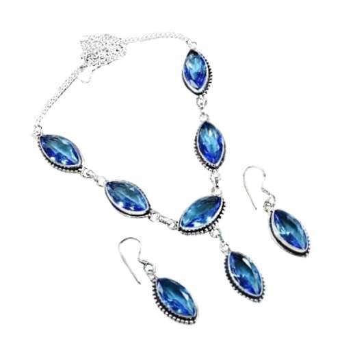 Gorgeous Faceted Blue Topaz .925 Sterling Silver Necklace & Earrings Set