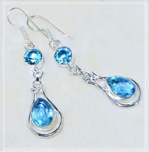 FACETED BLUE TOPAZ GEMSTONE .925 SILVER EARRINGS