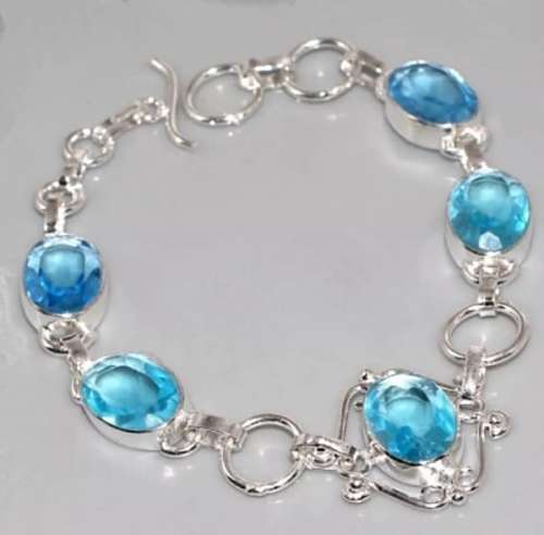 Stunning Blue Topaz Oval Gemstones in .925  Sterling Silver Plated Handmade Bracelet
