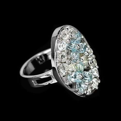 Natural Sky Blue Topaz, White Cubic Zirconia Gemstone in Solid .925 Sterling Silver Ring Size 7.75