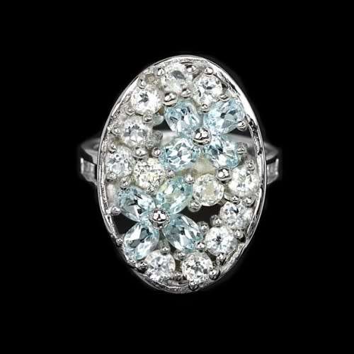 Natural Sky Blue Topaz, White Cubic Zirconia Gemstone in Solid .925 Sterling Silver Ring Size 7.75