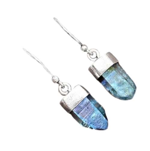GORGEOUS AQUA AURA QUARTZ GEMSTONE SOLID .925 STERLING SILVER EARRINGS