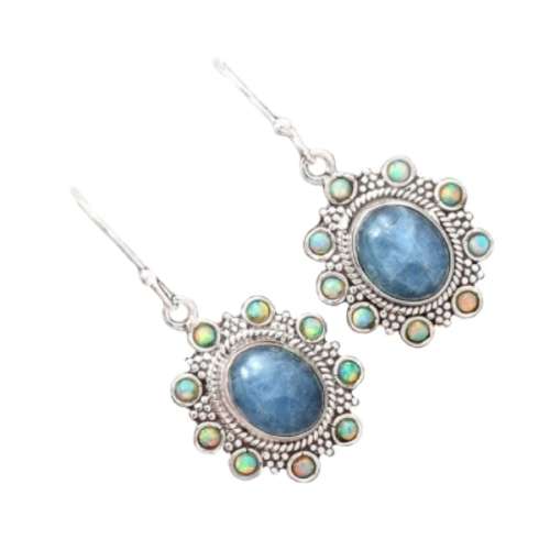 Breathtaking New Arrival Natural Aquamarine , Fire Opal Gemstone Solid .925 Sterling Silver Earrings