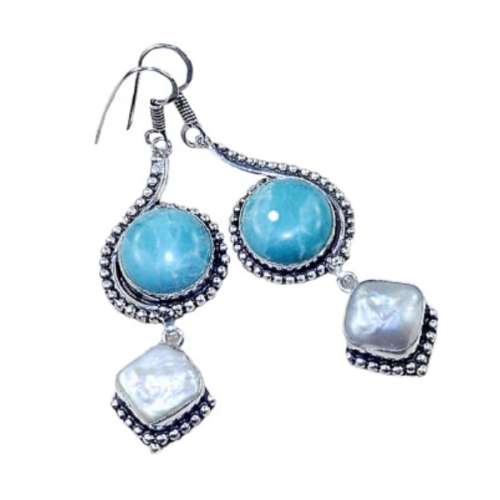 EXQUISITE CR LARIMAR, BIWA PEARL  .925 STERLING SILVER EARRINGS