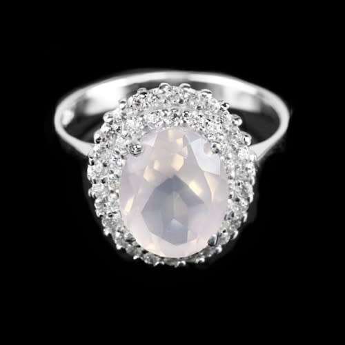 Brazilian 10X8 Mm Natural Rose Quartz, Cubic Zirconia Solid.925 Sterling Silver Ring Size 6.75 or N1