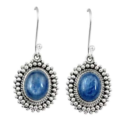 Natural Kyanite Oval Gemstone set in Solid .925 Sterling Silver Antique Style Earrings