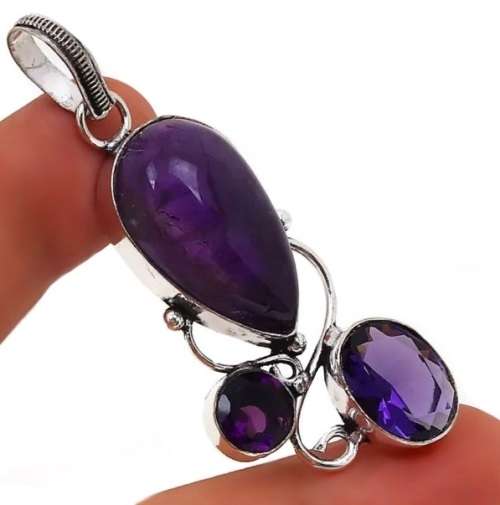 Purple Amethyst Mixed Shapes set in 925 Sterling Silver Plated Handmade Pendant