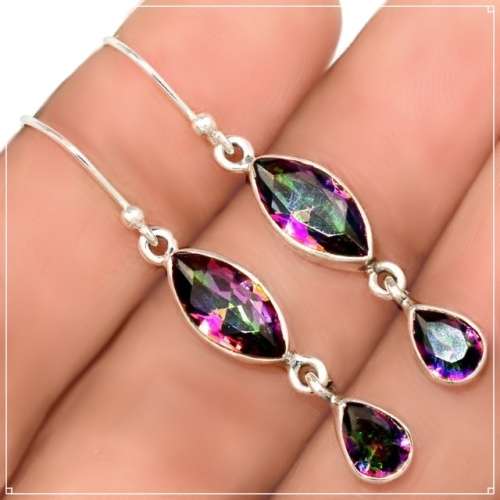 MYSTIC RAINBOW TOPAZ DANGLE EARRINGS IN SOLID 925 STERLING SILVER
