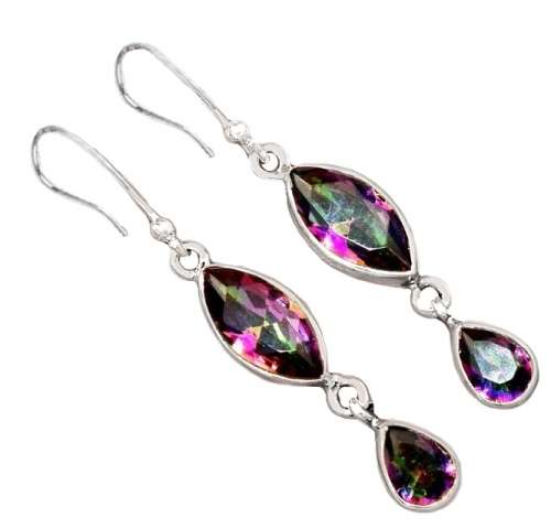 MYSTIC RAINBOW TOPAZ DANGLE EARRINGS IN SOLID 925 STERLING SILVER
