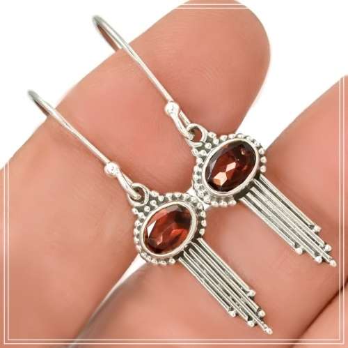 Natural Garnet Gemstone Ovals  set in Solid .925 Sterling Silver Dainty Earrings
